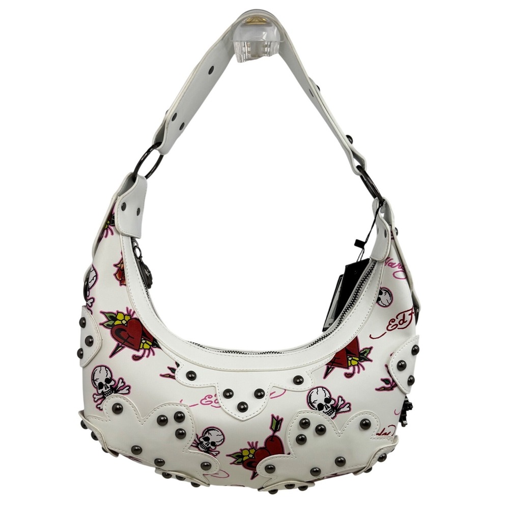 Ed Hardy White Tattoo Print Hobo Bag Skulls Hearts‎ Studded Goth Punk Y2K Retro